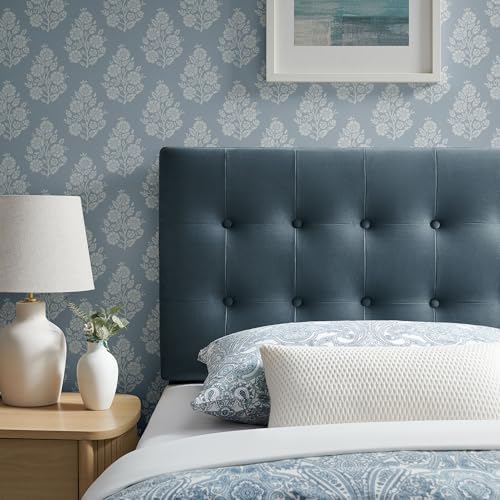 Modway Emily Twin Size Performance Velvet Headboard in Cadet Blue - Stain-Resistant Velvet Upholstery with Button Tufting and 7 Adjustable Height Positions