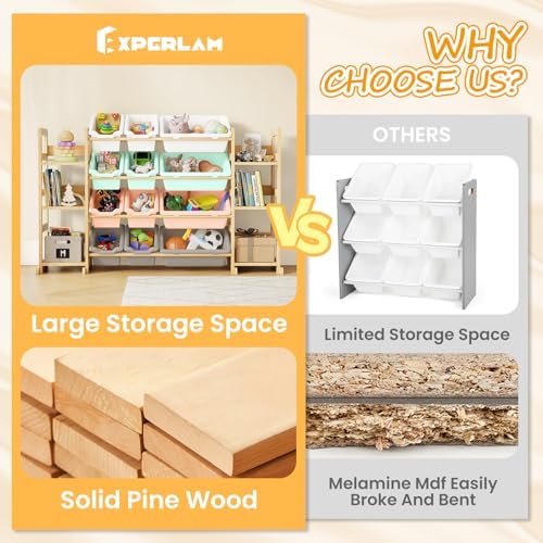 EXPERLAM Extra Large Toy Storage - Toy Storage Organizer, Wooden Toy Organizer with 6 Side Shelves and 12 Bins, 3-in-1 Bookshelf for Kids Rooms, Playroom, Nursery, Multi Color
