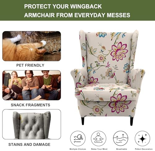 HAOYONG Wing Chair Slipcovers Printed Wingback Chair Covers 2 Pieces Wingback Armchair Slipcover Stretch Chair Slip Covers Washable Armchair Protector Cover for Living Room and Bedroom