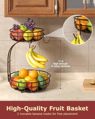 Sevenblue 2 Tier Modern Fruit Basket for Kitchen Counter, Brown