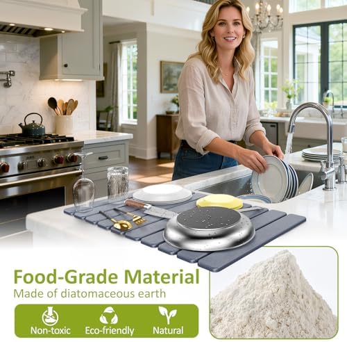 Large Foldable Stone Dish Drying Mat for Kitchen Counter -Dark Gray 24"×16"