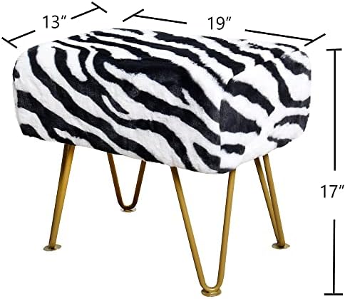 Zebra-Print Rectangle Faux Fur Ottoman 19"x13"x17" Soft Fuzzy Entryway Bench Seat Sturdy Accent Coffee Table for Living Room Makeup Vanity Stool with Golden Legs for Bedroom Closet Foot Rest