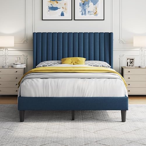 Yaheetech Full Bed Frame with Headboard, Navy Blue Channel-Tufted Platform