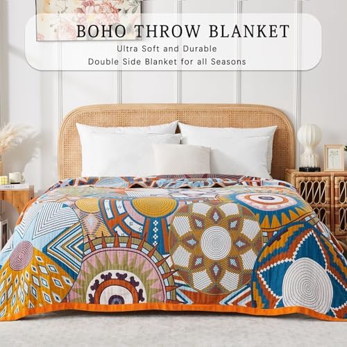 Boho Blanket Soft Muslin BohoThrow Blanket, 100% Cotton Floral Printed Farmhouse Decor All Season Reversible Rustic Throw for Sofa Couch Chair (Orange, 50"x60")