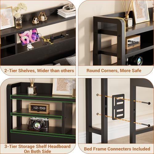 Aheaplus Headboard for Full Size Bed with Storage and Outlets, Black