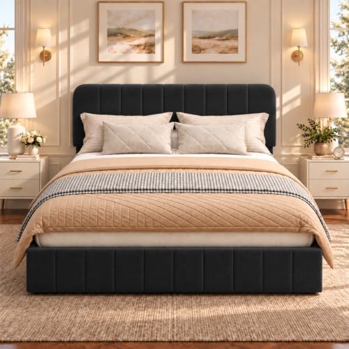 Garvee King Size Velvet Bed Frame with Adjustable Headboard, Black