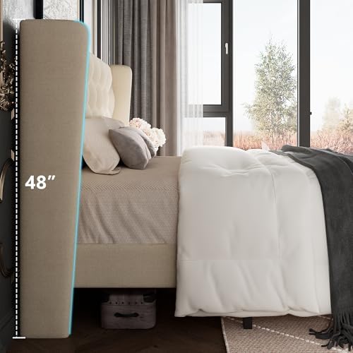 GalnFu Full Size Bed Frame with Button Tufted Headboard, Upholstered Platform Bed Frame with UnderBed Storage, Wooden Slats Supports, Noise Free, No Box Spring Needed, Easy Assembly, Beige