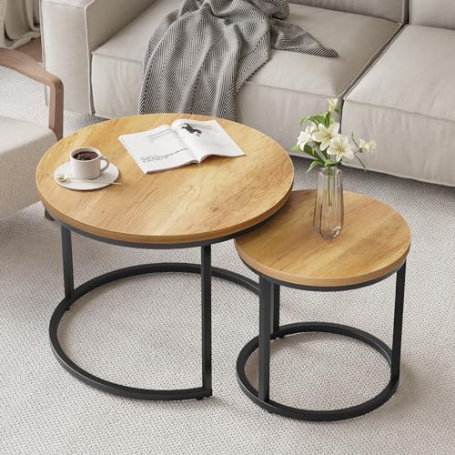 Smuxee Nesting Coffee Table Set of 2, 23.6" Round Coffee Table Brown Wood with Adjustable Non-Slip Feet, Industrial End Table Side Tables for Living Room Bedroom Balcony Yard