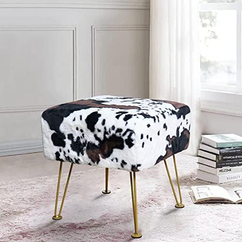 Cow Square Faux Fur Ottoman 17"x17"x17" Soft Fuzzy Entryway Bench Seat Sturdy Accent Coffee Table for Living Room Make Up Vanity Shoe Stool with Golden Legs for Bedroom Closet Foot Rest