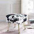 Cow Square Faux Fur Ottoman 17"x17"x17" Soft Fuzzy Entryway Bench Seat Sturdy Accent Coffee Table for Living Room Make Up Vanity Shoe Stool with Golden Legs for Bedroom Closet Foot Rest