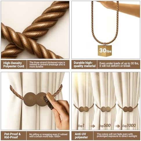 Hion Magnetic Curtain Tiebacks Dark Brown 6pcs, Curtain Holdbacks Hooks