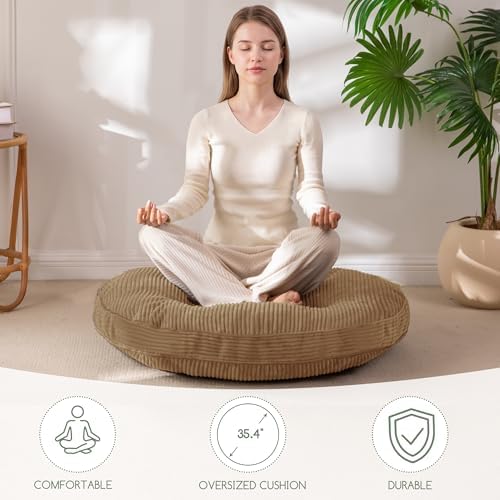 HIGOGOGO 35" Floor Pillow Cushion for Adults, Meditation Cushion Pillow, Extra Large Square Floor Sitting, Tufted Corduroy Cover for Tatami Living Room or Yoga, Coffee