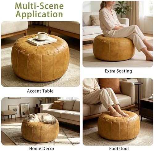 Thgonwid Unstuffed Moroccan Storage Pouf Foot Stool Ottoman Seat Handmade Faux Leather Bean Bag Floor Chair Foot Rest for Living Room, Bedroom or Balcony (Yellow)