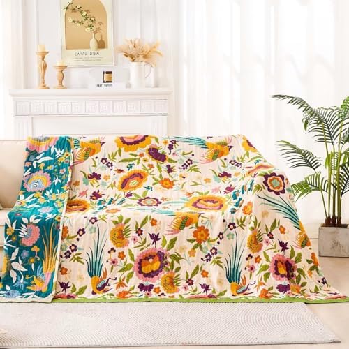 XIBLC Boho Throw Blanket for Bed, 100% Cotton Soft Rustic Quilt Fall Blanket, 50"x60" Colorful Floral Printed Farmhouse Decor Bed Blankets, All Season Rustic Reversible Bohemian Throw Quilt