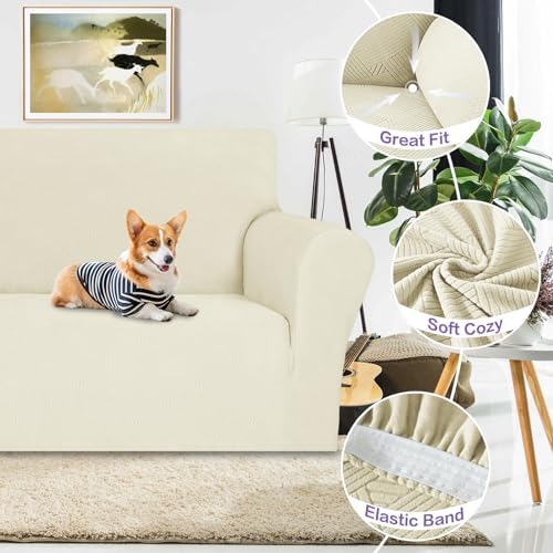 ZNSAYOTX Super Stretch Loveseat Covers (57"-70"), New Striped Love Seat Slipcover, Dogs Pet Friendly Anti-Slip Couch Protector Spandex Durable 2 Seater Fabric Sofa Cover (Beige, Loveseat)