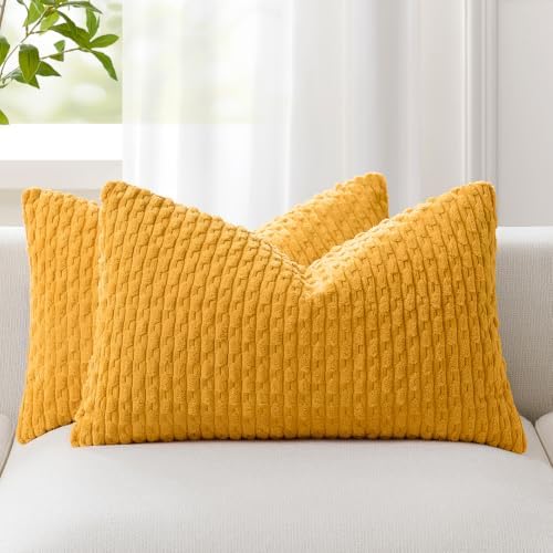 Kevin Textile Soft Corduroy 12"x20" Lumbar Pillow Covers 2 Pack, Yellow