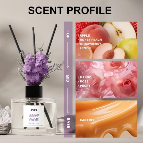 Reed Diffuser Set with Dried Flowers, 5.1 fl oz / 150ml, Berry Fudge - Home Fragrance Diffuser with Sticks for Bathroom Shelf Decor, Bedroom, Office & Gift