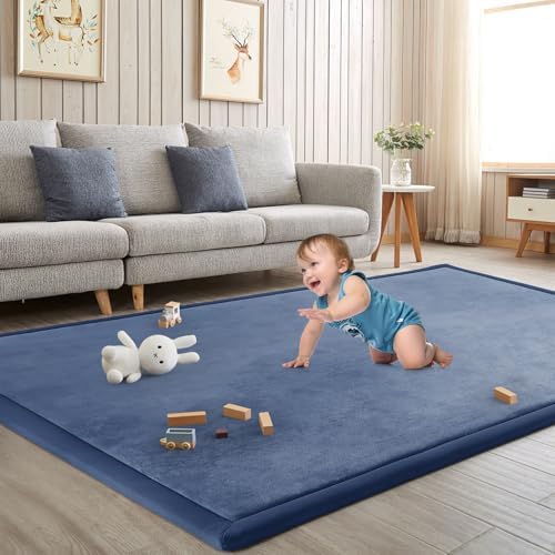 Baby Play Mat for Floor Nursery Rug Muscle Mat Area Rug Playroom Rug 59"x79" Playpen Mat Elastic Foam 1.3" Thick Crawling Mat for Babies,Toddlers, Infants, Kids,Sapphire Blue