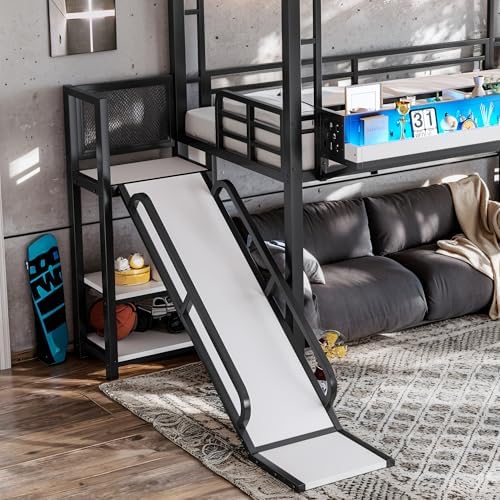 Bellemave Twin Size Metal House Loft Bed with Slide and Stairs,Black