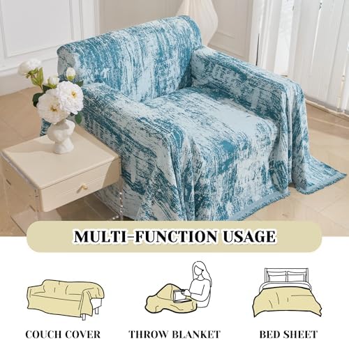 MEETSKY Small Couch Cover Oversized Chair Cover Washable Boho Recliner Slipcover, Pet Friendly Couch Protector with Tassels, Abstract Geometric Design, 71" x 91", Blue