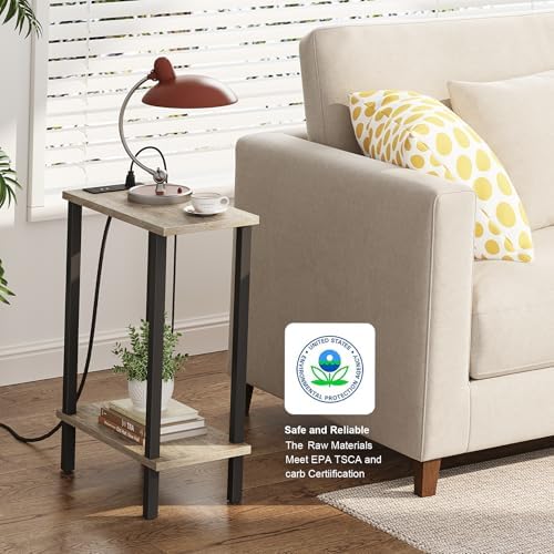 TUTOTAK Narrow Side Table, 2-Tier Small End Table with Charging Station