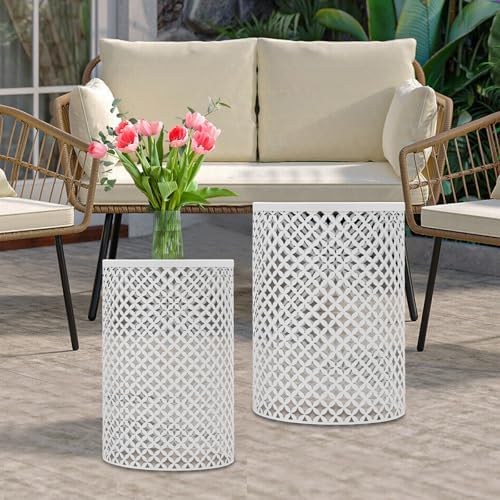 Metal Frame Accent Table,Cylindrical Outdoor Side Table,Decorative Garden Stool,Set of 2 Nesting Side Table,Modern Decorative Garden Stool for Patio Balconies Cafes Parks (2, White)