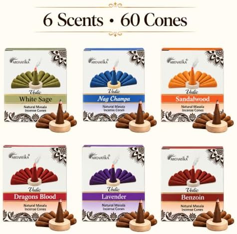 ARO VATIKA Vedic Incense Cones Variety Pack of 6 (Nag Champa, White Sage, Sandalwood, Dragons Blood, Lavender & Benzoin) Natural Non-Toxic Dhoop Cones for Meditation, Yoga, Relaxation & Home Fragrance