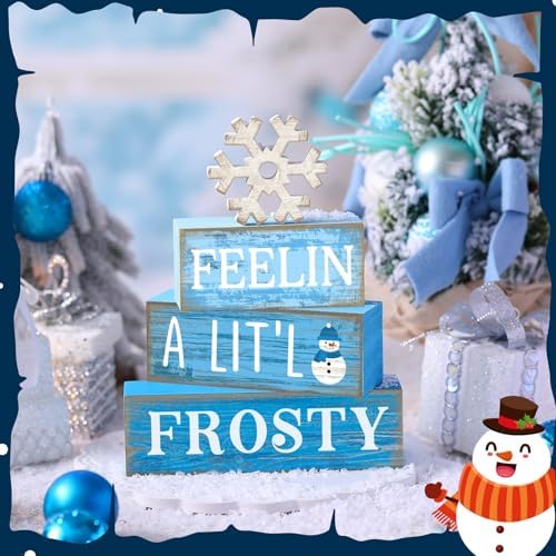 Yuntau 4 Pcs Winter Tiered Tray Decor Christmas Snowflake Wooden Block Sign