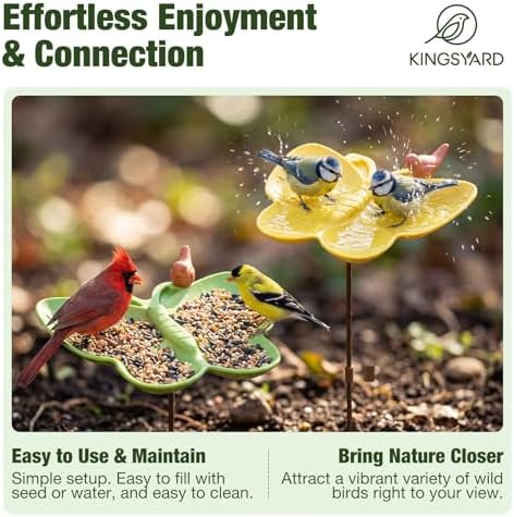 Kinsgyard 2 Pack Free Standing Tray Bird Feeders with Adjustable Pole, Wild Bird Bath for Outdoor Garden Yard Decor, Large Seed Capacity, Easy to Clean and Refill, Yellow & Green