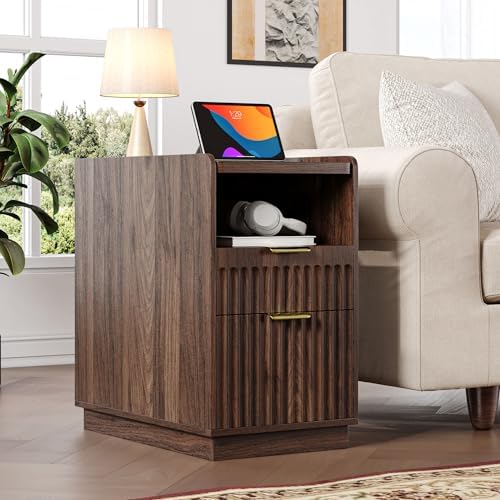 iPormis Fluted Narrow End Table with Charging, 2-Drawer Nightstand, Walnut