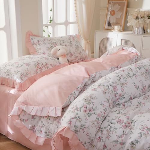 Pink Floral Duvet Cover Set 100% Cotton Twin(68"x86"),Ruffled Rose