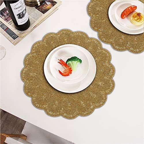 Lightnpro Decorative Beaded Placemats Set of 2 – 13 Inch Gold Round Scalloped Charger Mats, Elegant Handmade Artisan Gold Beaded Table Accessories Décor for Dining, Kitchen, Weddings & Parties