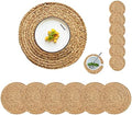 Round Woven Placemats Set of 6 with 6 Coasters Natural Water Hyacinth Place Mats, 13.5 Inch Rattan Placemats Wicker Farmhouse Boho Straw Heat Resistant Outdoor Placemats Patio Table Mats