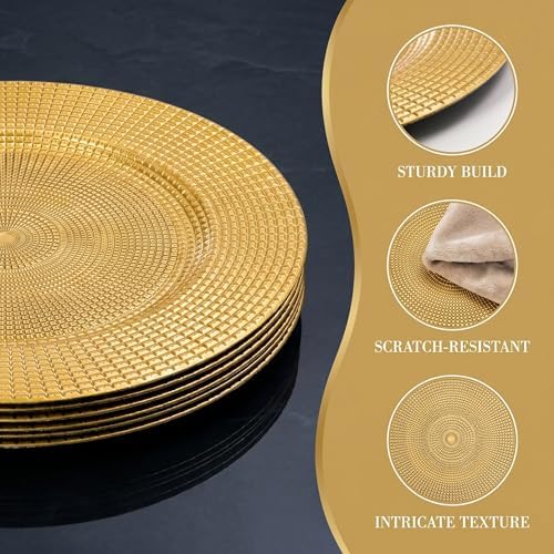 Hiceeden 12 Pack Gold Charger Plates for Dinner Plates, 13" Round Plastic Chain Shaped Charger Service Plates, Decorative Chargers Bulk for Table Setting, Wedding, Party, Event