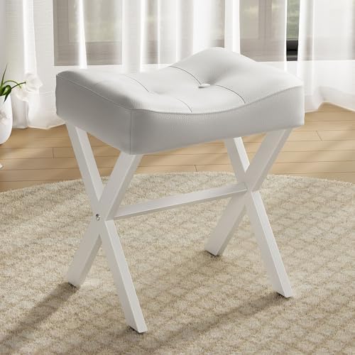 Memobarco 18-Inch Leather Vanity Stool Chair, White Makeup Stool