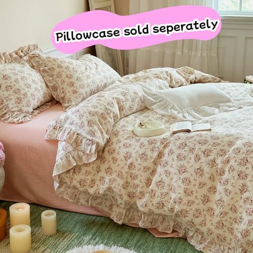 Vintage Floral Duvet Cover Queen with Ruffles, Pink Peony, No Pillow