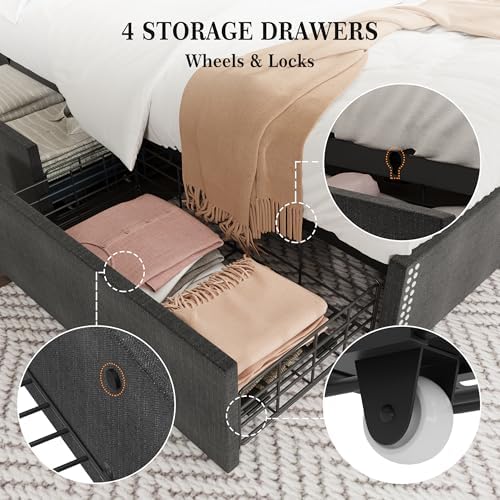 Upholstered Full Bed Frame with 4 Storage Drawers, Wingback Headboard with Charging Station, Diamond Stitched Button Tufted Design, No Box Spring Needed, Grey