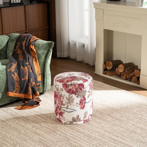 15.7" Swivel Vanity Stool, Floral Velvet Round Ottoman, Red