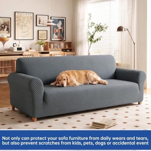 YEMYHOM Couch Cover Latest Jacquard Design High Stretch Sofa Covers for 3 Cushion Couch, Pet Dog Cat Proof Slipcover Non Slip Magic Elastic Furniture Protector (Large, Dark Gray Checkered)