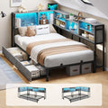 Corner Twin Bed Frame with Bookcase Storage Headboard & Led Lights,Oak Gray