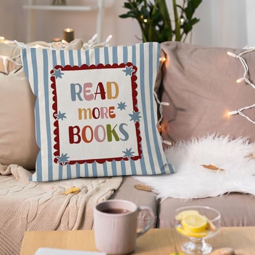 Boho Classroom Reading Throw Pillow Cover 18x18, Book Lover Bookish Gifts Decorative Pillow Covers for Kids Nursery Bedroom Reading Room Corner Nook, Blue Striped Accent Pillows Cover Pillowcases