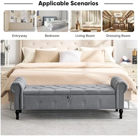 Storage Bench 67" Linen End of Bed Benches Grey