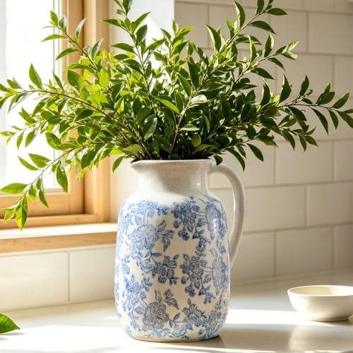 Ceramic Vintage Vase Flower Decorative Vase Chinoiserie Decor Rustic Farmhouse Retro Floral Vases for Table Bookshelf Mantel Kitchen Living Room Office - 9.5" Blue