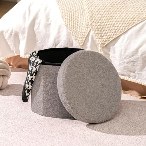 B FSOBEIIALEO Storage Ottoman Cube, Round Ottoman with Storage, Grey