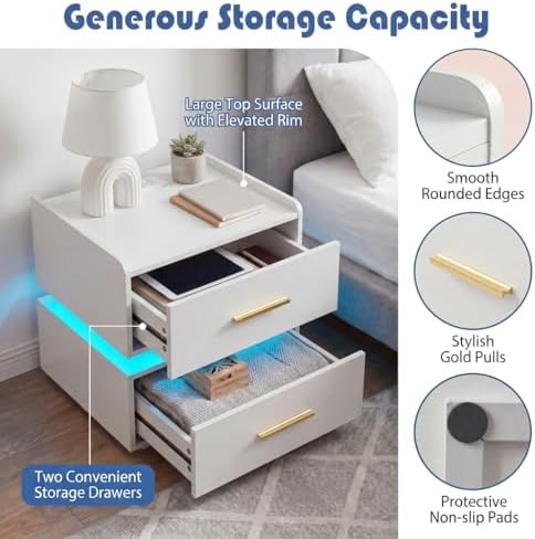 GIANTEX LED Night Stand Set 2 with Charging Station, Semi-Floating Bedside Table w/2 Storage Drawers, USB & Type-C Ports, Modern Couch End Sofa Side Table for Bedroom Small Spaces (White)
