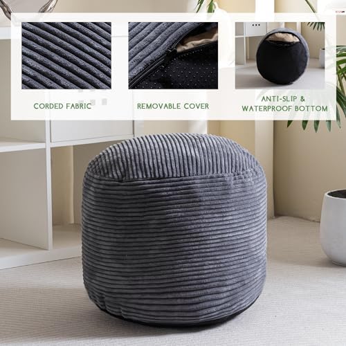 HIGOGOGO Round Stuffed Pouf Ottoman, Corduroy Poufs with Foam Chunk Filling, Furry and Fluffy Pouf Foot Stool Storage Ottoman, 20 X 15 Floor Poufs Foot Rest for Living Room, Dark Grey