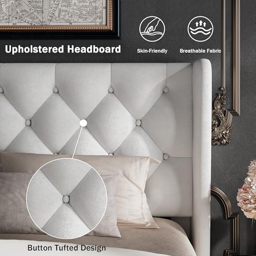 GalnFu Queen Size Bed Frame with Button Tufted Headboard, Upholstered Platform Bed Frame with UnderBed Storage, Wooden Slats Supports, Noise Free, No Box Spring Needed, Easy Assembly, White