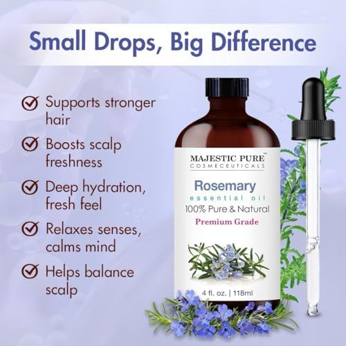 Majestic Pure Essential Oil with Glass Dropper - 100% Pure and Natural - Essential Oils for Diffuser, Aromatherapy, Soap and Candle Making, Rosemary Essential Oil, Rosemary Oil, 4 Fl Oz (Pack of 2)