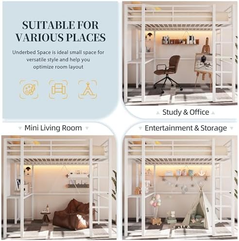 Loft Bed with Desk, Metal Loft Bed Full Size with 2 Built-in Ladders, with Safety Guard,Space-Saving Bed Frame, Noise Free, Creamy White (Full Size)