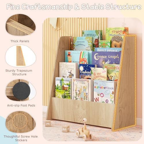 Costzon 4-Tier Kids Bookshelf, Front Facing Children Bookcase with Deep Compartments, Magazine Storage Rack for Kids Bedroom, Playroom, Nursery, Classroom, Kindergarten (Natural)